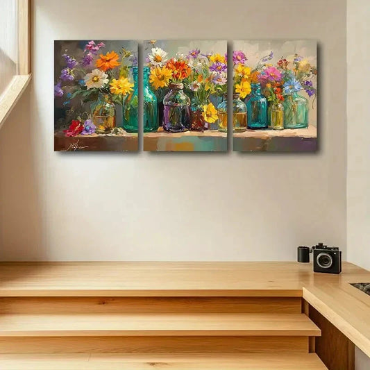 3pcs Colorful Glass Vase Arrangements Metal Print Ready to Hang Art