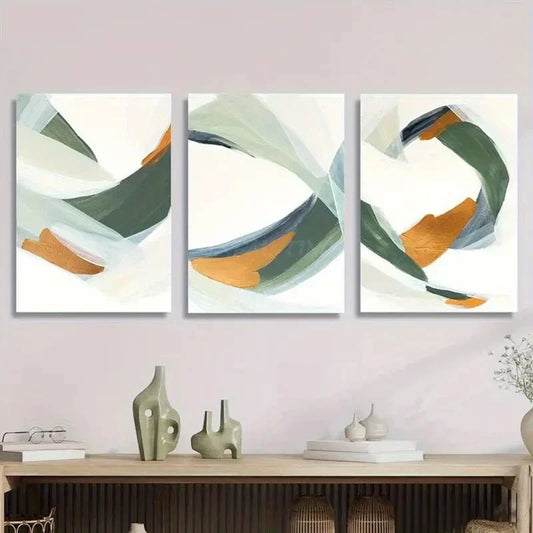 3pcs Colorful Sage Green And Golden Abstract Art Metal Print Ready to Hang Art