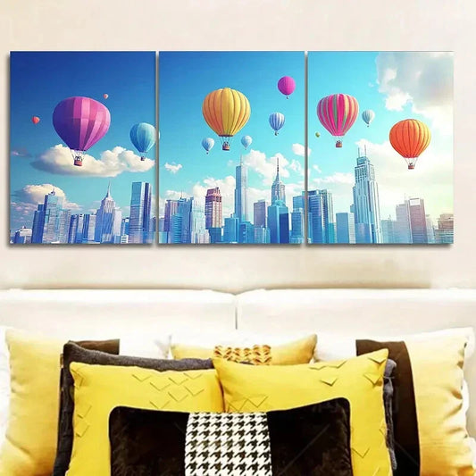 3pcs Skyscrapers and hot air balloons Wall Art Set Canvas Framed 40x60cm - High Quality Print 100% Australian Made Wall Canvas Ready to Hang