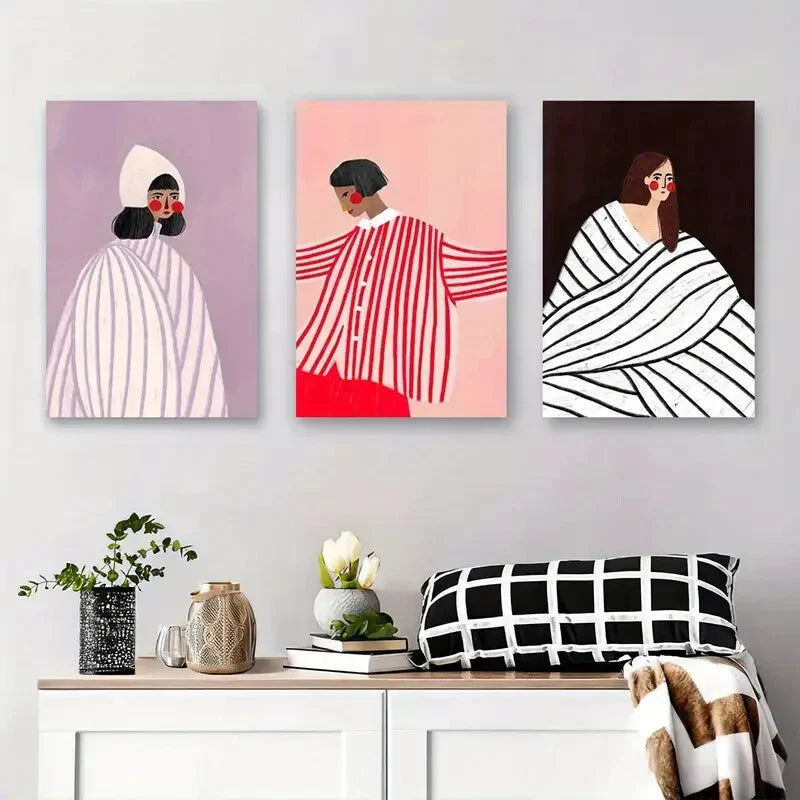 3pcs Minimalist Figures with Stripes and Bold Metal Print Ready to Hang Art