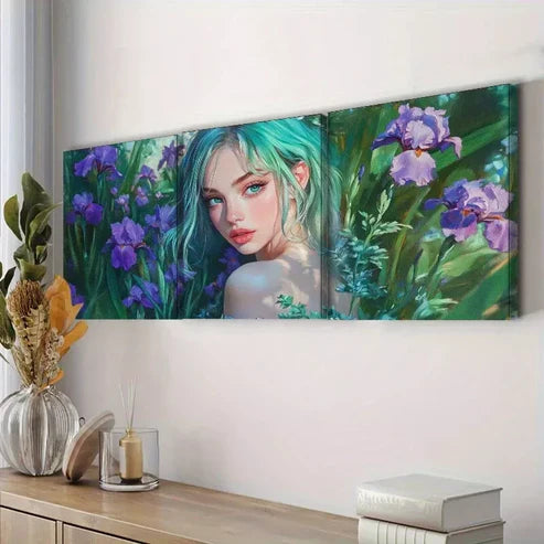 3pcs Purple Flowers Lady With Green Eyes Wall Art Set Canvas Framed 60x90cm - High Quality Print 100% Australian Made Wall Canvas Ready to Hang