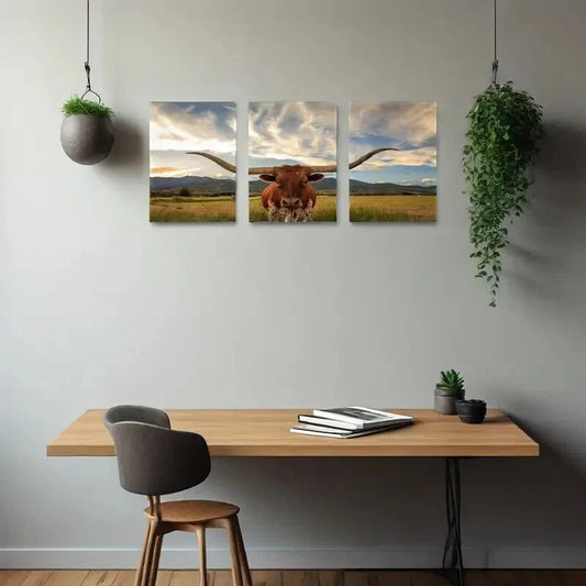 3pcs Animal Pictures Longhorn Metal Print Ready to Hang Art