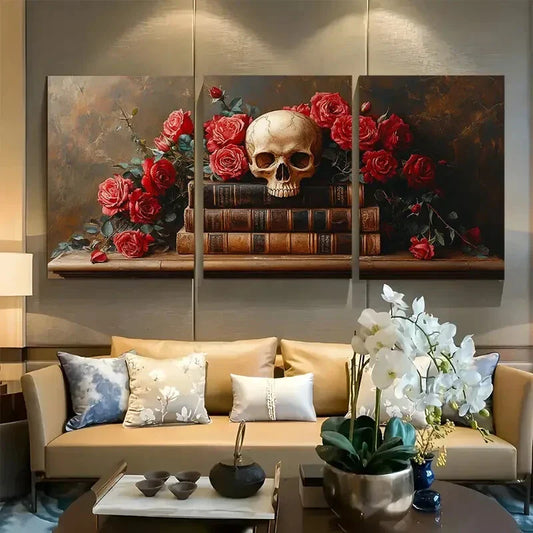 3pcs Vibrant Skull and Books Gothic with Roses Metal Print Ready to Hang Art