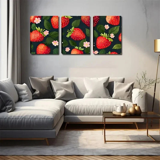 3pcs Vibrant Strawberry with Floral Metal Print Ready to Hang Art