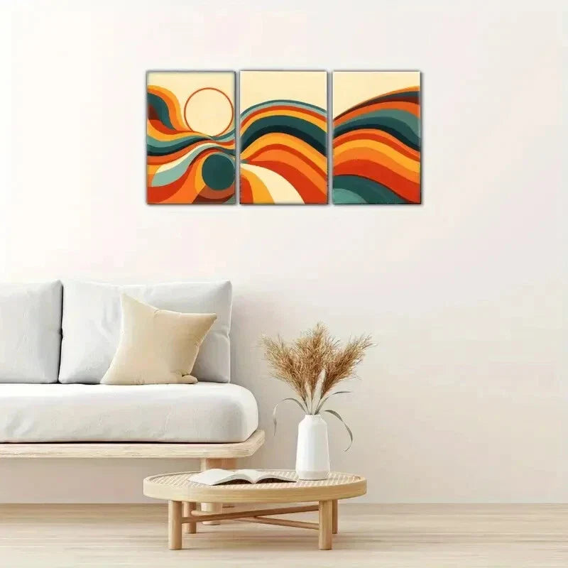 3pcs Abstract Bold Red Yellow And Earthy Tones Metal Print Ready to Hang Art