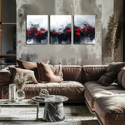3pcs Black And White Background, Red Flowers Wall Art Set Canvas Framed 40x60cm - High Quality Print 100% Australian Made Wall Canvas Ready to Hang