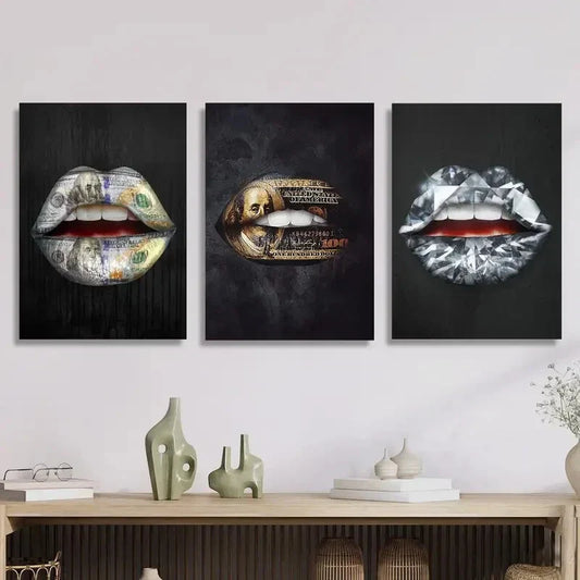 3pcs unique money art, gold standard lips, Metal Print Ready to Hang Art