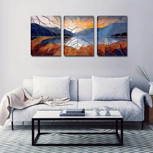 3pcs Cracked Sunrise Over a Mountain Lake Wall Art Set Canvas Framed 40x60cm - High Quality Print 100% Australian Made Wall Canvas Ready to Hang