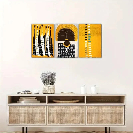 3pcs African Yellow and Black Decoration Poster Metal Print Ready to Hang Art