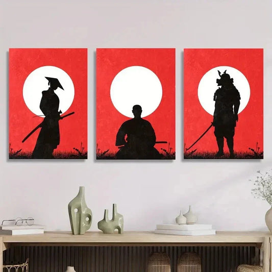 3pcs Red Samurai Silhouette with Sword, Metal Print Ready to Hang Art