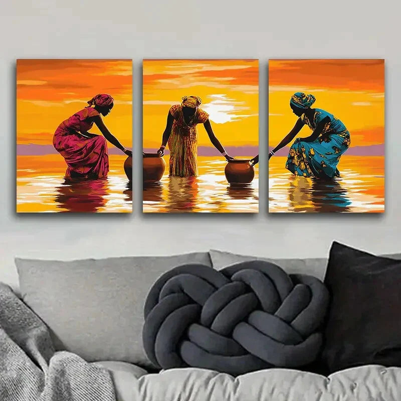 3pcs African Women by the River Metal Print Ready to Hang Art