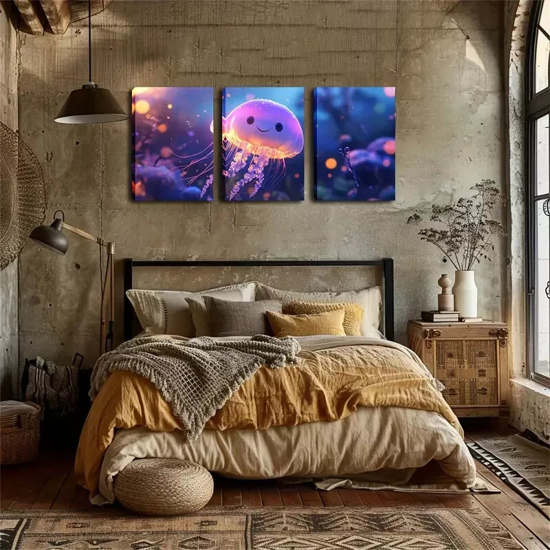 3pcs A Cute Magic Jellyfish Wall Art Set Canvas Framed 40x60cm - High Quality Print 100% Australian Made Wall Canvas Ready to Hang