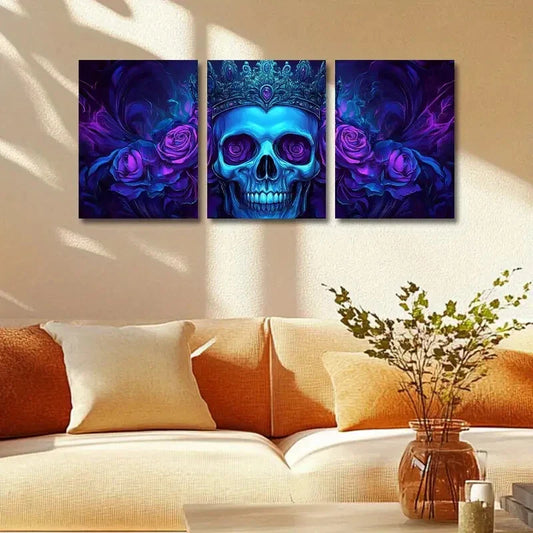 3pcs Gothic-Inspired Purple Roses & Blue Skull Metal Print Ready to Hang Art