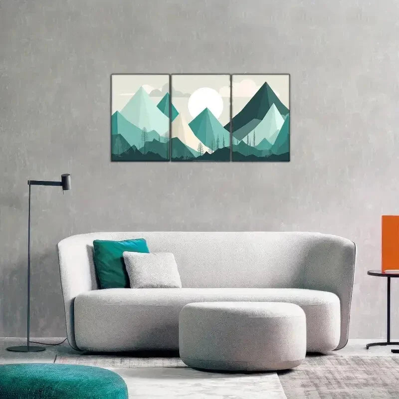 3pcs Mountains Landscape Mural Blue Green Abstract Metal Print Ready to Hang Art