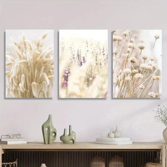 3pcs ,Dogtail Grass & Flowers - Classic Modern Metal Print Ready to Hang Art