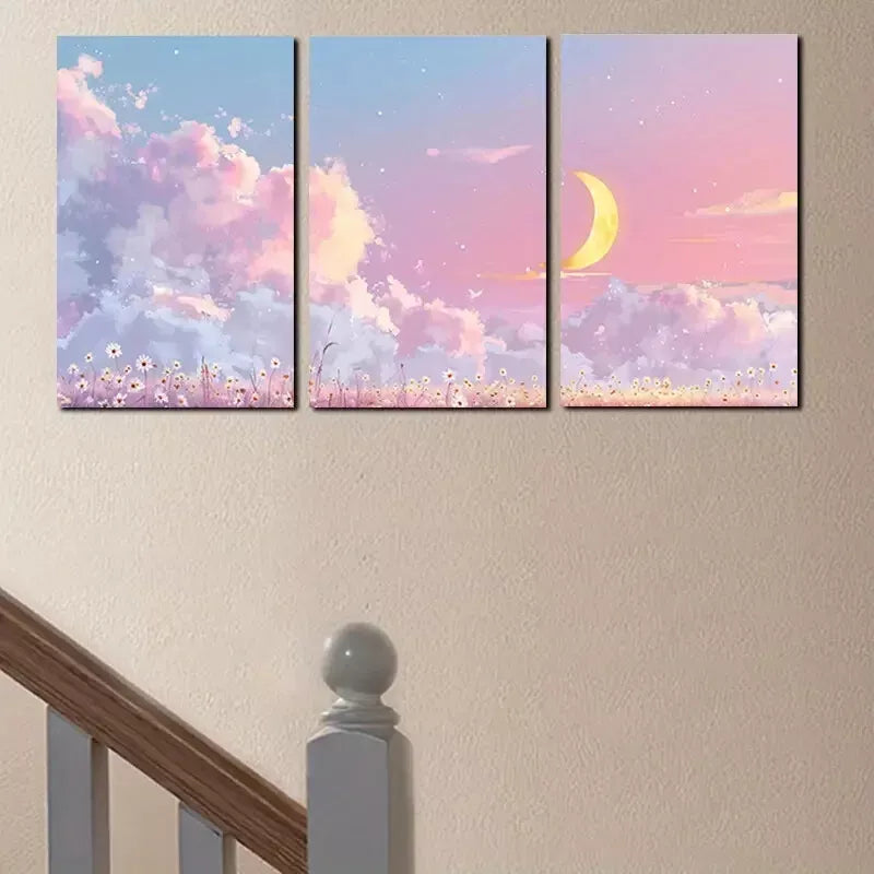 3pcs Crescent Moon and Clouds Canvas Framed 40x60cm - High Quality Print 100% Australian Made Wall Canvas Ready to Hang