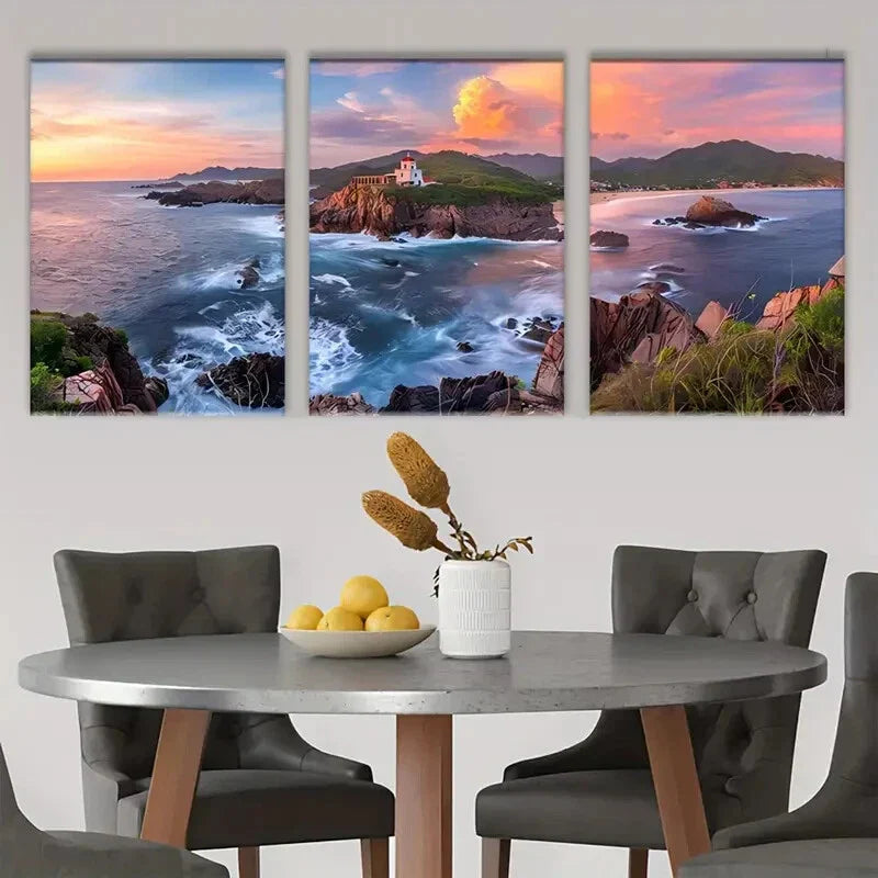 3pcs Sea View Mountain Waves Green Grasses Metal Print Ready to Hang Art