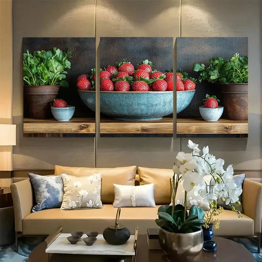 3pcs Fresh Strawberries Fruit Of The Spirit Metal Print Ready to Hang Art