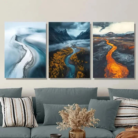 3pcs Aerial Views, a Glacier River Landscape Metal Print Ready to Hang Art
