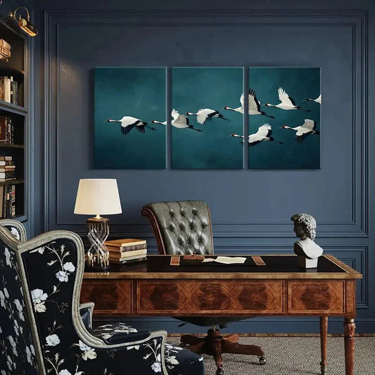 3pcs Elegant Crane Flight Abstract Art Poster Metal Print Ready to Hang Art
