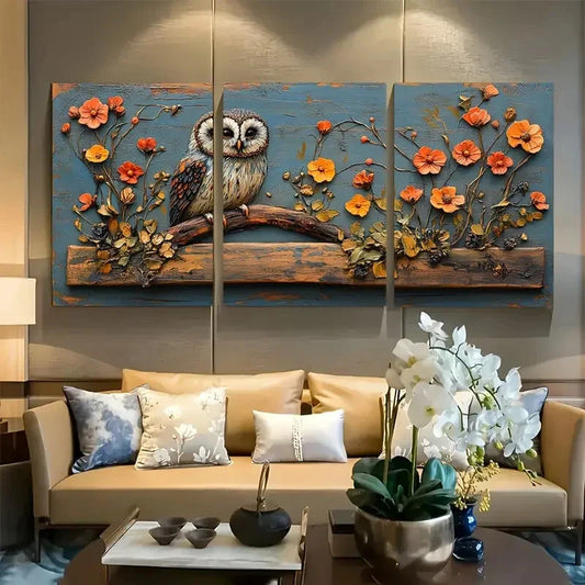 3pcs Rustic Owl with Floral Wildlife Design Metal Print Ready to Hang Art