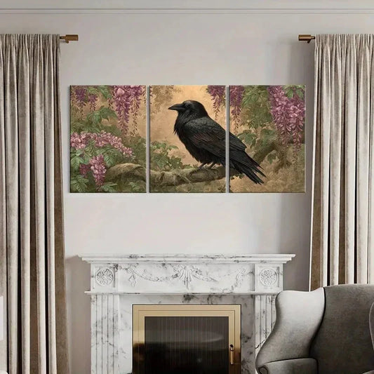 3pcs Black Crow on Branch with Purple Wisteria Metal Print Ready to Hang Art