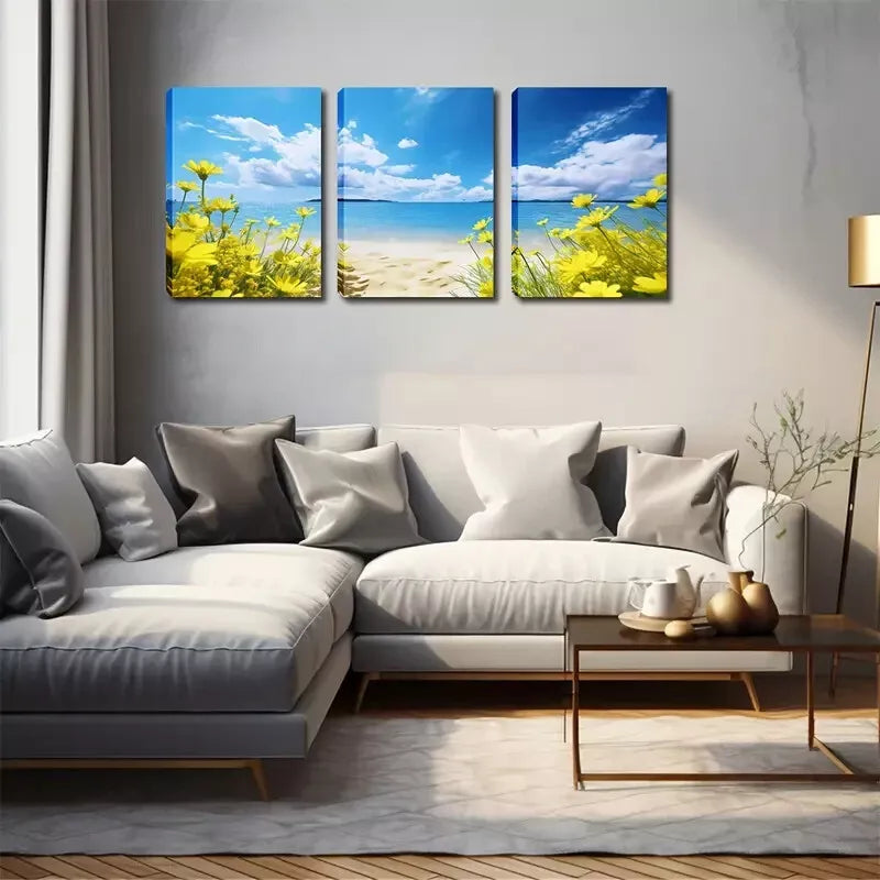 3pcs Yellow Flowers On The Beach Wall Art Set Canvas Framed 40x60cm - High Quality Print 100% Australian Made Wall Canvas Ready to Hang