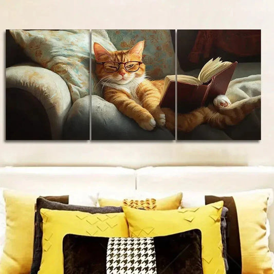 3pcs Classic Modern Cat Reading Wall Art Set Canvas Framed 40x60cm - High Quality Print 100% Australian Made Wall Canvas Ready to Hang
