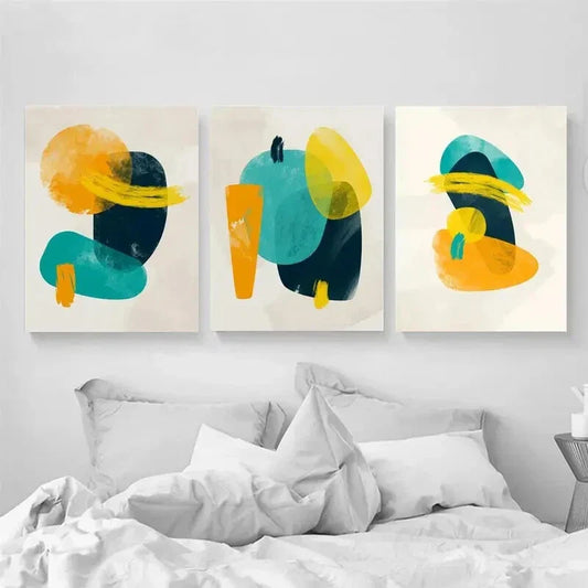 3pcs Minimalist Yellow And Blue Hues Design Metal Print Ready to Hang Art