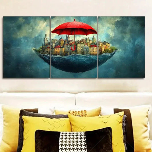 3pcs City view under a red umbrella Wall Art Set Canvas Framed 40x60cm - High Quality Print 100% Australian Made Wall Canvas Ready to Hang