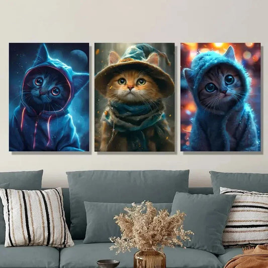 3pcs Cute cat art wearing clothes, cat Metal Print Ready to Hang Art