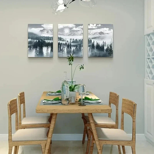 3pcs Modern Foggy Forest Landscape Metal Print Ready to Hang Art