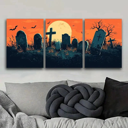 3pcs Eerie Graveyard Scene with Bats & Full Moon Metal Print Ready to Hang Art