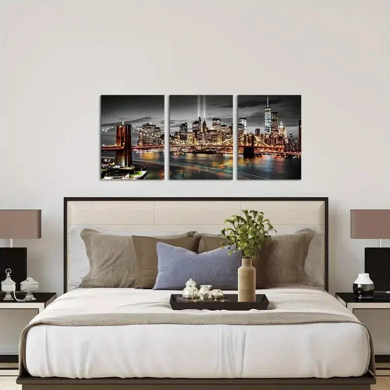 3pcs Black & White Modern Night View Metal Print Ready to Hang Art