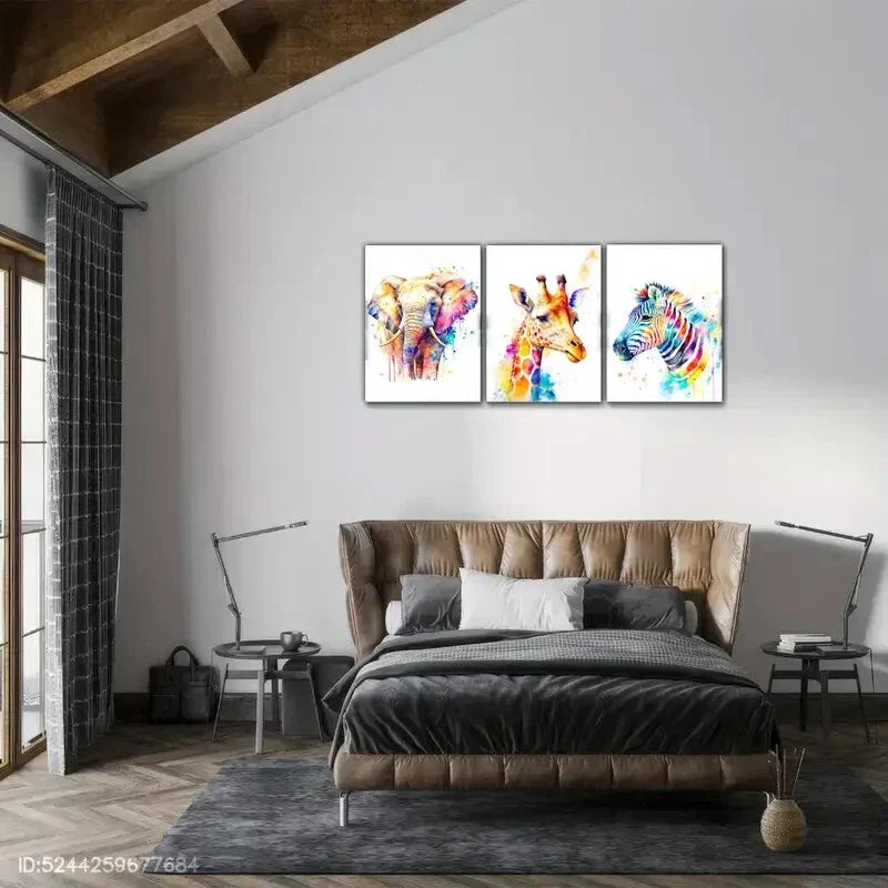 3pcs Elephant Sika Deer Zebra Animal Poster Metal Print Ready to Hang Art