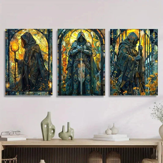 3pcs ,Fantasy Paladin Warrior Fantasy Stained Metal Print Ready to Hang Art