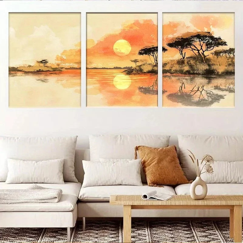 3pcs Serene Nature African Sunset Landscape Wall Art Set Canvas Framed 40x60cm - High Quality Print 100% Australian Made Wall Canvas Ready to Hang