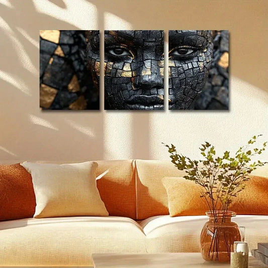 3pcs Face with Golden & Black Geometric Patterns Metal Print Ready to Hang Art