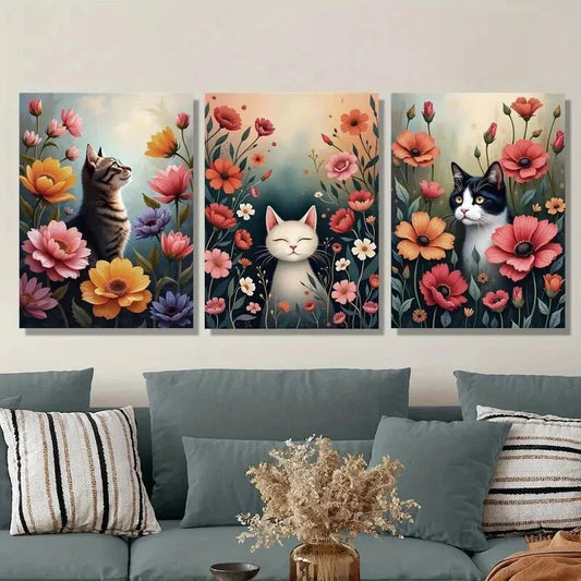 3pcs Cats in the Garden Colorful Floral Metal Print Ready to Hang Art