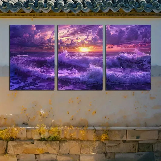 3pcs Purple Ocean Under The Setting Sun Canvas Framed 40x60cm - High Quality Print 100% Australian Made Wall Canvas Ready to Hang