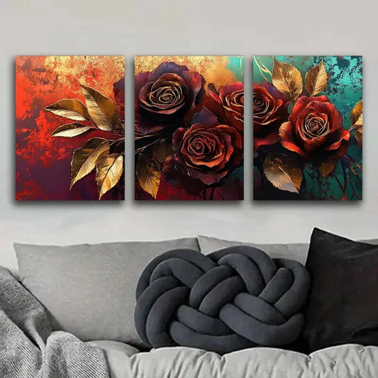 3pcs A painting of a rose in Golden leaf Metal Print Ready to Hang Art