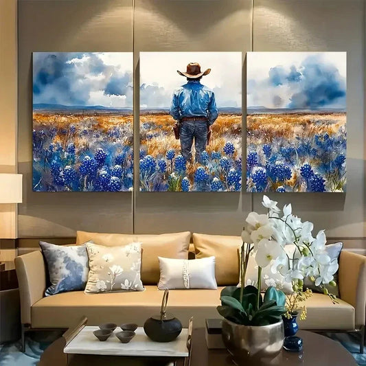 3pcs Cowboy In The Bluebonnet Field Floral Metal Print Ready to Hang Art