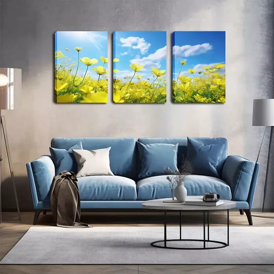 3pcs Clear Sky, Yellow Flowers Wall Art Set Canvas Framed 40x60cm - High Quality Print 100% Australian Made Wall Canvas Ready to Hang