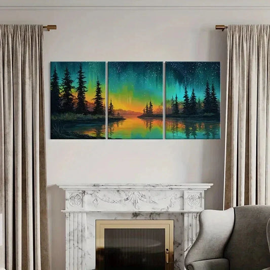 3pcs Northern Lights Forest Reflection Lake Metal Print Ready to Hang Art