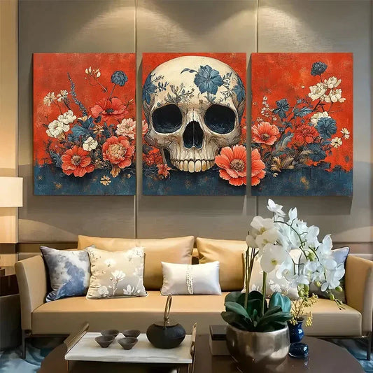 3pcs Skull with Intricate Floral Patterns Metal Print Ready to Hang Art