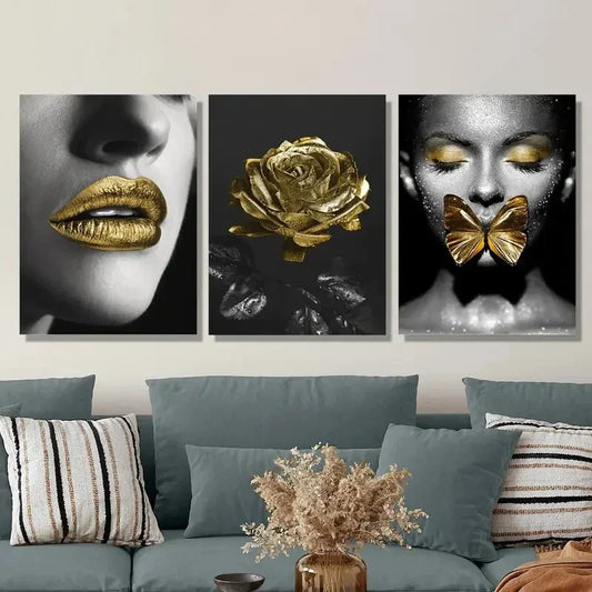 3pcs girl with golden butterflies, golden roses Metal Print Ready to Hang Art