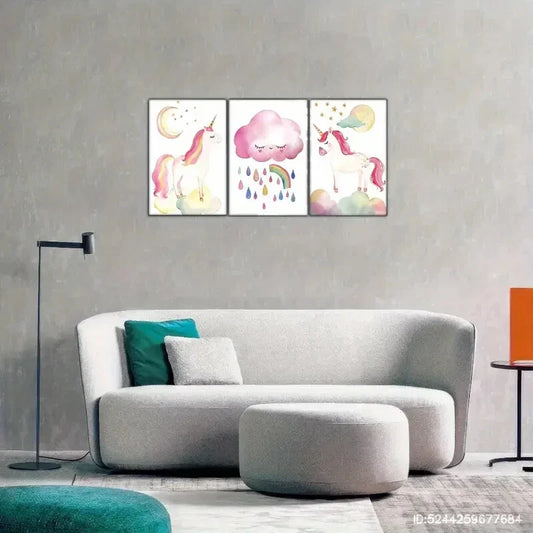 3pcs Rainbow & Clouds Colorful Hair Unicorn Metal Print Ready to Hang Art