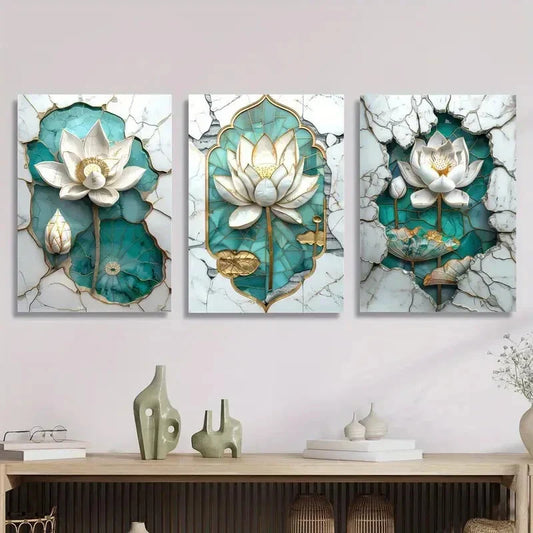 3pcs Lotus, light luxury style mural,, Metal Print Ready to Hang Art