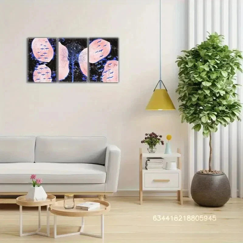 3pcs Golden trees, flying birds, landscape Metal Print Ready to Hang Art