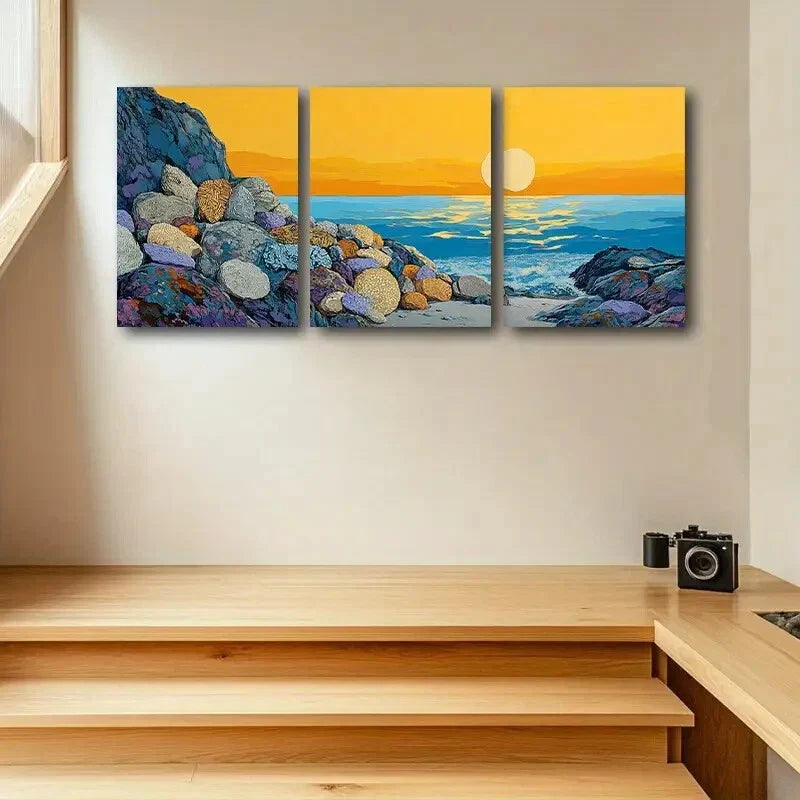 3pcs Vibrant Beach Scene with Rocks & Ocean Metal Print Ready to Hang Art